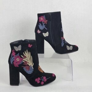 Bamboo Womens 7 Black Embroidered Floral Boots High Heeled Bootie Bohemian Boho‎